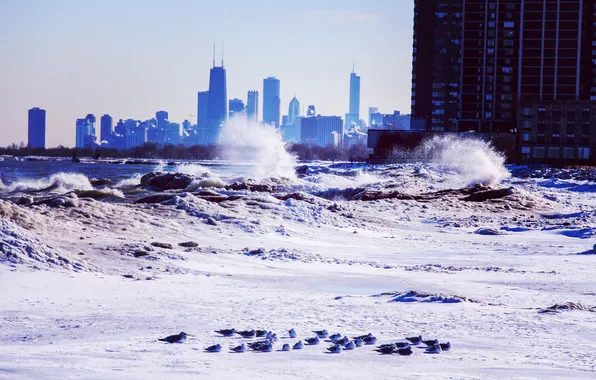 Зима, волны, снег, небоскребы, Чикаго, USA, Chicago, illinois