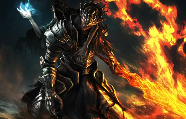 Картинка оружие, огонь, игра, меч, доспехи, арт, броня, Dark Souls 3