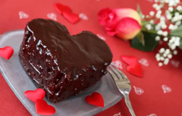 Картинка цветок, роза, еда, шоколад, сердца, тарелка, торт, plate