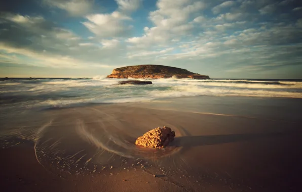 Картинка песок, небо, вода, пейзаж, берег, прибой, Ibiza