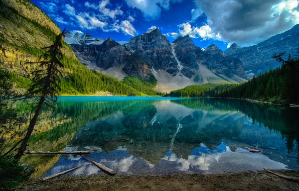 Небо, облака, деревья, пейзаж, горы, озеро, отражение, Канада