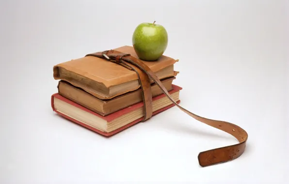 Книги, яблоко, минимализм, ремень, знания