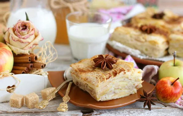 Яблоко, розы, молоко, сахар, пирожное, корица, анис