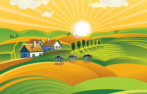 Картинка солнце, холмы, коровы, луга, ферма