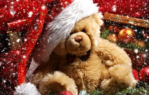 Картинка снег, украшения, праздник, подарок, шары, Рождество, Новый год, медвежонок