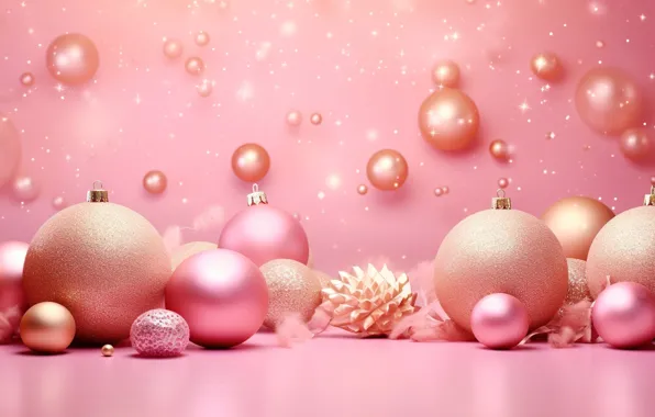 Украшения, фон, розовый, шары, Новый Год, Рождество, golden, new year