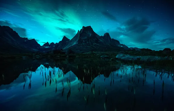Картинка горы, ночь, отражение, звёзды