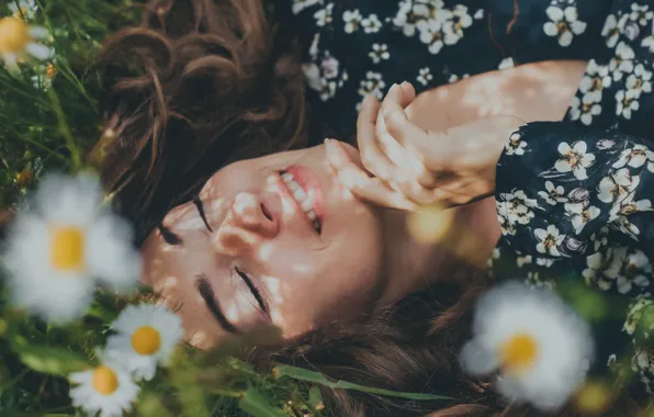 Girl, Flower, Relax, Smile, Women, Happy, Gras, Ekaterina Krusanova