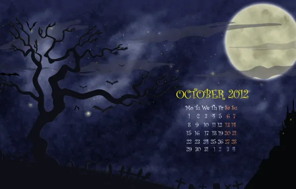 Картинка ночь, дерево, луна, рисунок, вектор, месяц, октябрь, кладбище