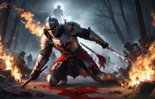 Fire, Moon, armor, trees, red eyes, men, knight, glowing eyes