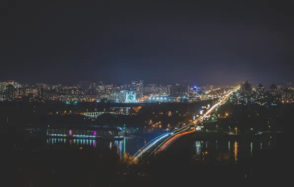 Мост, город, огни, метро, ночной, Украина, Днепр, киев