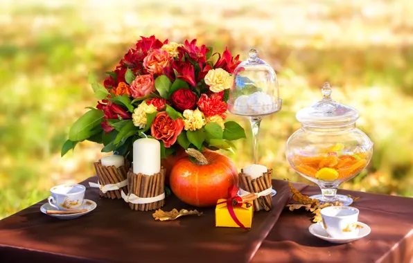 Картинка осень, листья, цветы, кофе, розы, свечи, пикник