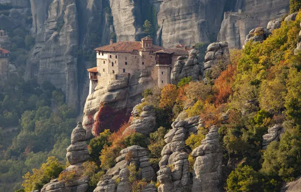 Картинка осень, пейзаж, природа, скалы, Греция, леса, монастырь, Метеоры