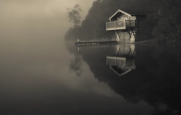 Картинка природа, туман, отражение, река, мрак, лодочная