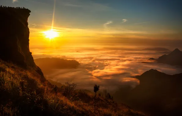 Солнце, облака, скала, вид, Laos