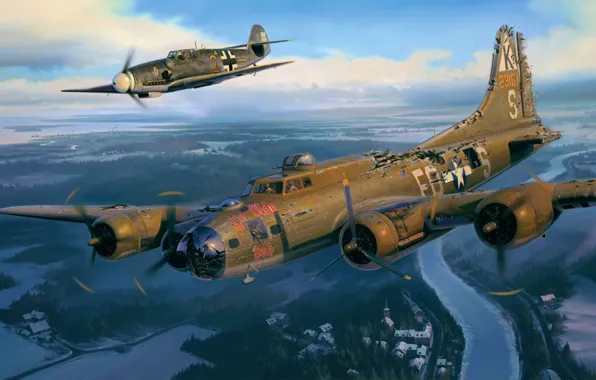 War, art, airplane, painting, aviation, B-17, ww2, BF-109