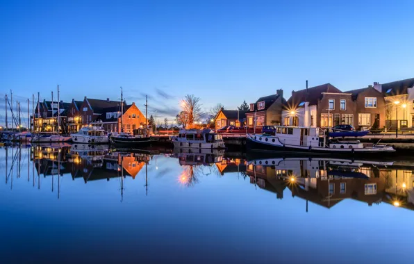 Ночь, огни, лодка, дома, яхта, Нидерланды, гавань, Oude-Tonge