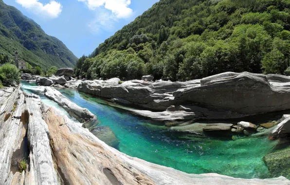 Лес, горы, скалы, Швейцария, Switzerland, Locarno, река Верзаска, Локарно