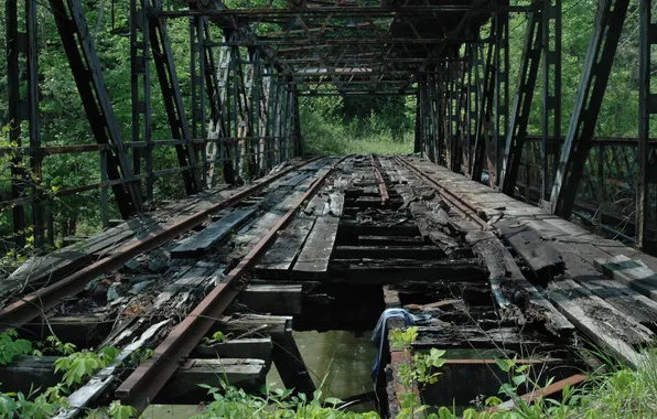 Рельсы, заброшен, железнодорожный мост, разрушен