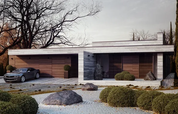 Картинка дизайн, дом, камни, дерево, Chevrolet, Camaro, кусты, Horizontal