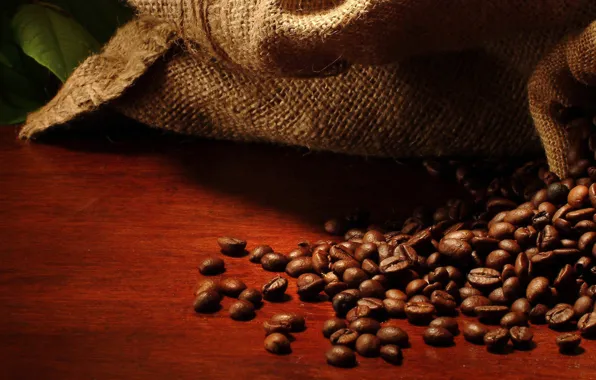 Мешок, кофейные зерна, листики, leaves, bag, coffee beans
