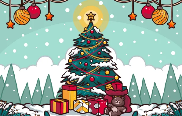 Картинка шарики, шары, вектор, Рождество, подарки, Новый год, медвежонок, ёлка