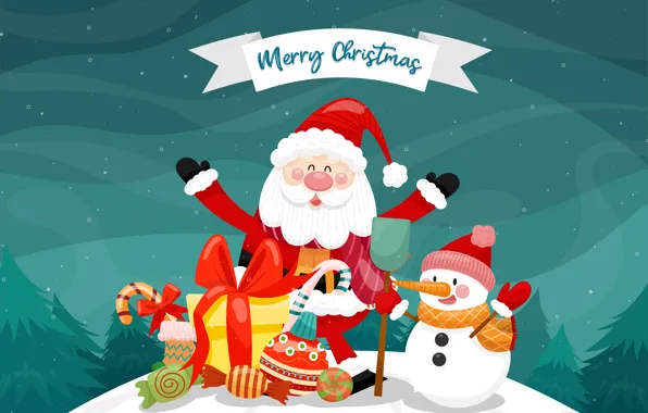 Картинка Улыбка, Рождество, Новый год, Санта Клаус, Merry Christmas, Снеговик