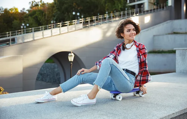 Girl, young, smiling, skateboard, sitting, teenage