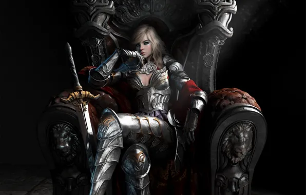 Картинка девушка, задумчивость, меч, доспехи, арт, трон, королева