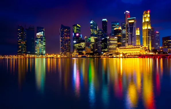 Картинка вода, ночь, огни, отражение, здания, дома, Сингапур, Singapore