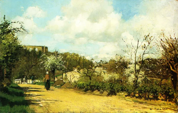 Дорога, пейзаж, картина, Camille Pissarro, Камиль Писсарро, Вид Лувесьена