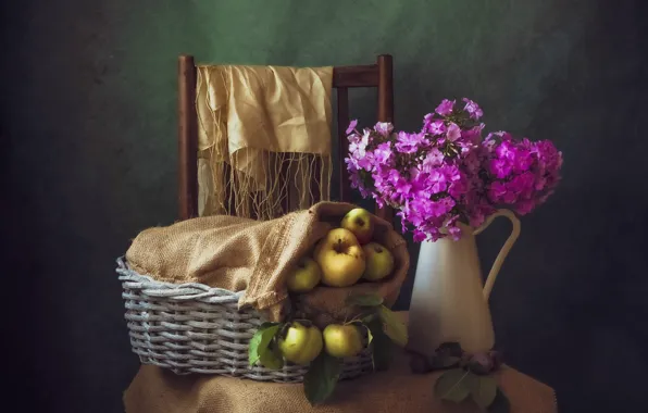 Цветы, яблоки, букет, стул, розовые, кувшин, натюрморт, корзинка