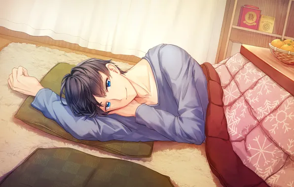 Картинка взгляд, аниме, арт, лежит, парень