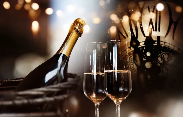 Картинка ночь, часы, бокал, елка, новый год, шампанское, 2018, New Year