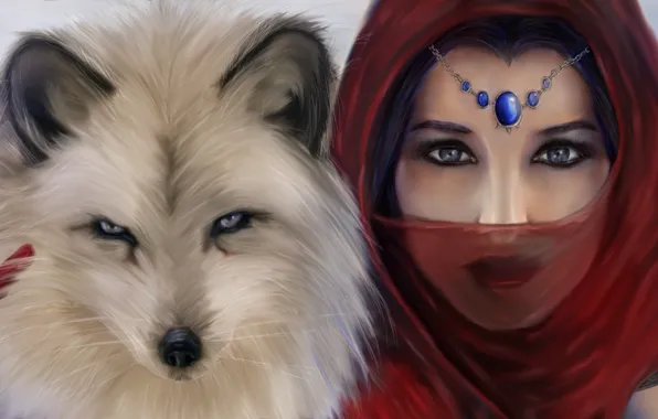 Картинка глаза, взгляд, девушка, животное, арт, украшение, красный платок