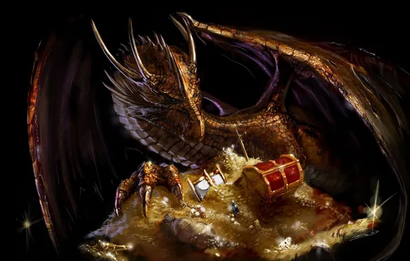 Картинка золото, дракон, меч, сундук, сокровища, dragon
