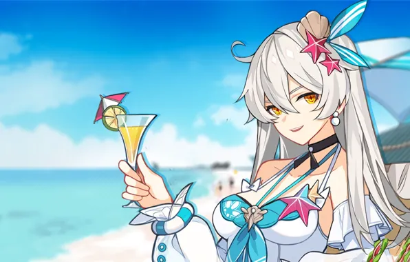 Пляж, лето, девушка, коктейль, Honkai Impact 3rd, Durandal