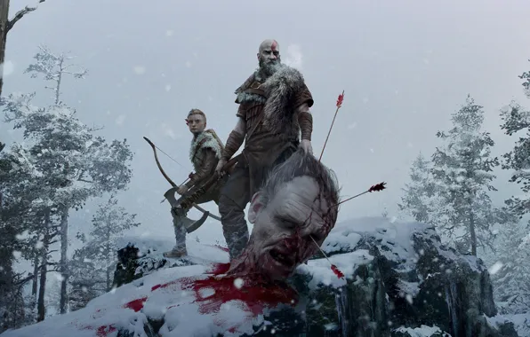 Картинка снег, деревья, оружие, axe, кровь, голова, лук, великан