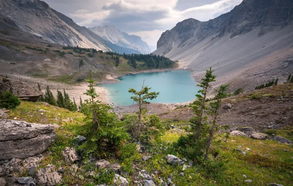 Картинка облака, деревья, горы, озеро, камни, Канада, ущелье, Galatea lake