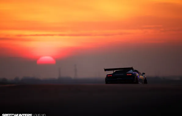 Картинка солнце, огни, Lamborghini, утро, Gallardo, трек, вид сзади, Super Trofeo