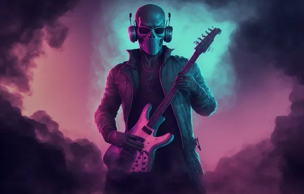 Картинка music, skull, guitar, smoke, men, mask