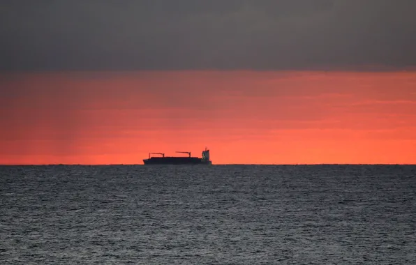 Sea, ocean, seascape, morning, sunrise, dawn, ship, horizon