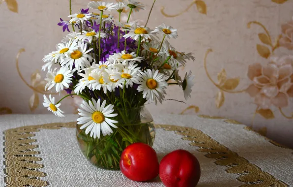 Цветы, стол, яблоки, ромашки, красные, ваза, фрукты, натюрморт