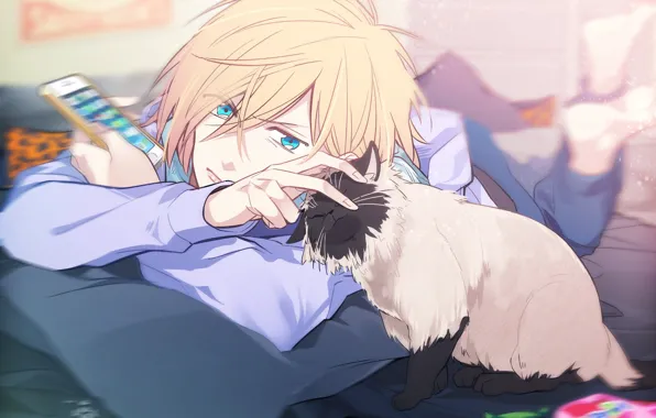 Кот, взгляд, аниме, арт, парень, Юрий, Yuri on Ice, Юрий на льду