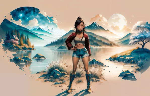 Картинка girl, art, mountains, asian