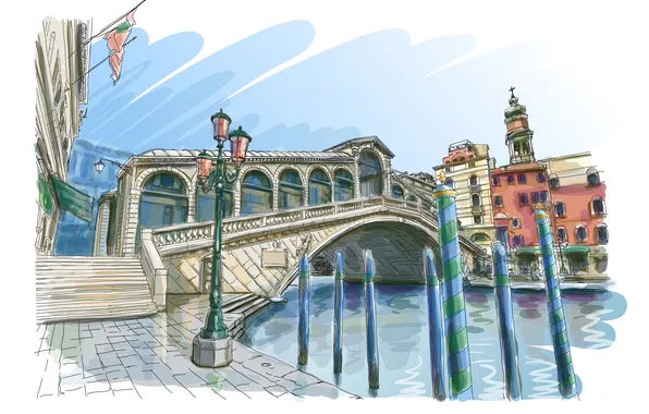 Картинка мост, арт, лестница, фонарь, Венеция, канал
