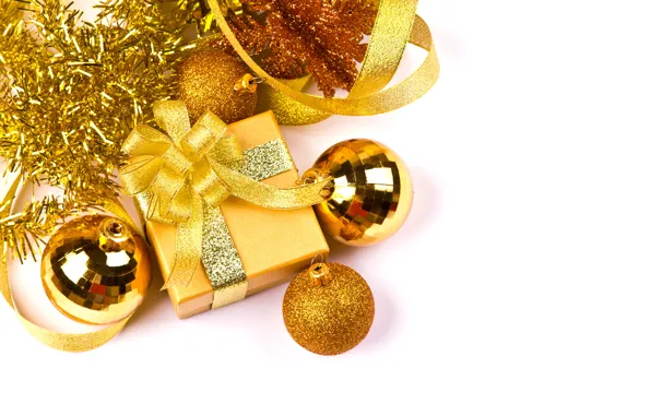 Праздник, golden, Christmas, balls, color, gift