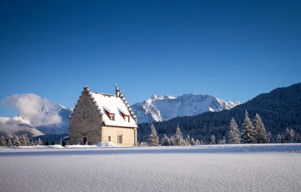 Зима, лес, снег, горы, дом, Германия, Бавария, Kranzbach