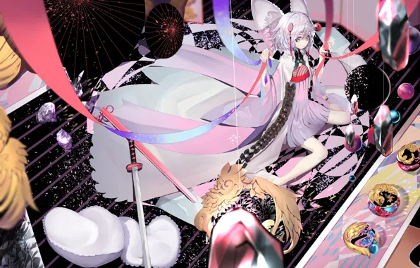 Девушка, аниме, арт, зонтики, Houseki no Kuni