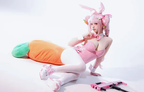 Картинка pink hair, cosplay, white stockings, anime girls, bunny ears, looking at viewer, bunny suit